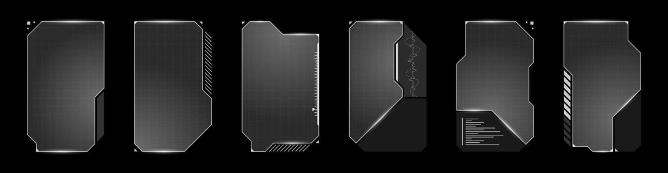 Cyberpunk streamer layout with tech panel frame, glowing bars and modern HUD buttons. Digital dashboard blends twitch style, futuristic signs and player control screen. vector