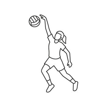 A line art icon of a volleyball player in motion, spiking the ball over the net, illustrating an offensive action. vector