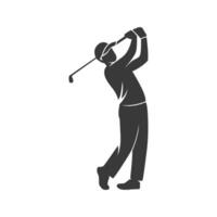 A black silhouette icon of a golfer in mid-swing, demonstrating the action of hitting the ball. vector