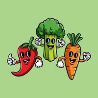 fun happy vegetables compilation colorful cartoon mascot character isolated drawing line style sketch classic vintage design illustration vector
