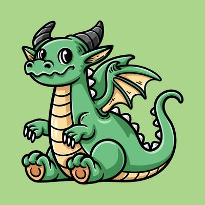 fun cute sitting big dragon colorful cartoon character isolated drawing line style sketch classic vintage design illustration