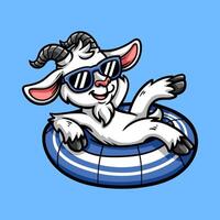 fun goat on blue swimming buoy balloon colorful cartoon mascot isolated drawing line style sketch classic vintage design illustration vector