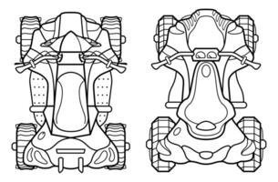 Set of two quad bikes, top view drawings. Four wheel motorcycles outline draft, simple scheme. Isolated on white background vector