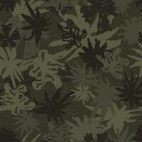 Hand drawn camo with leaf, seamless pattern. Grunge branches and herbs khaki green camouflage background. Distressed texture wallpaper vector