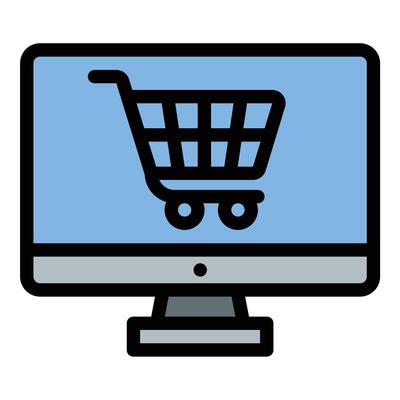 Online shopping icon flat line style illustration representing digital purchasing and e-commerce transactions, suitable for retail websites, mobile apps, and online marketplace platforms