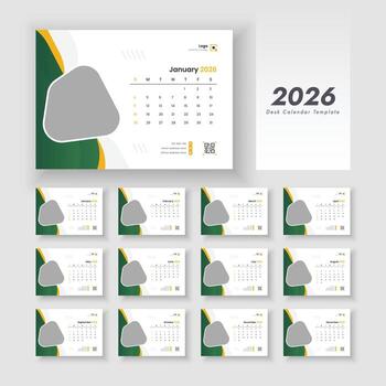 of desk calendar 2026, 2026 new year desk calendar template design, week start on sunday. vector