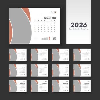 2026 desk calendar on English language. Calendar planner design template. Desk calendar with week start Sunday. vector