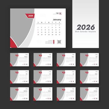 2026 desk calendar on English language. Desk calendar with week start Sunday. layout of a desk calendar 2026. vector
