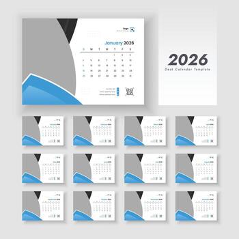 Desk Calendar Template 2026. Set of 12 calendar pages. The week starts on Sunday. layout of a desk calendar 2026. vector