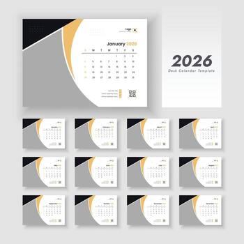 Desk Calendar Template 2026. Set of 12 calendar pages. Desk calendar with week start Sunday. layout of a desk calendar 2026. vector