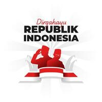 Indonesia hero patriotic men. with waving flag and independence day greeting. Suitable for banner, and social media post. vector