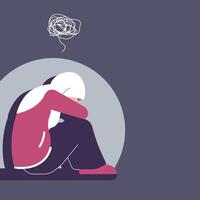 stressed hijab girl flat design illustration. sit on the floor and hugging her knees or curl up. mental pressure concept vector