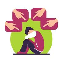Human fingers pointing at crying man, flat illustration. Social pressure, verbal bullying concept. vector
