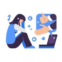 Online psychological support concept. Sad and depressed young woman sitting while receiving support and encouragement. Positive comments illustration. vector