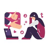 Online psychological support concept. Sad hijab woman sitting while receiving support and encouragement. Positive comments illustration. vector