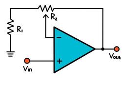 Non-inverting operational amplifier with adjustable gain control via resistor. vector