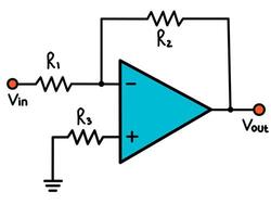 Inverting operational amplifier circuit with input and feedback resistors. vector
