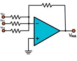Op-Amp Inverting Summing Amplifier Circuit Diagram with Multiple Inputs vector