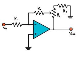 Adjustable gain inverting operational amplifier circuit with variable resistor. vector
