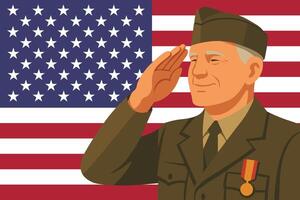 An old man saluting in front of an american flag vector