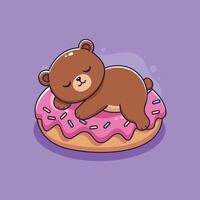 Sleeping bear on a pink doughnut vector