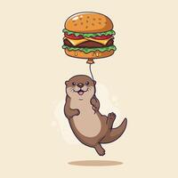 Cute Otter Floating with Burger Balloon, illustration vector