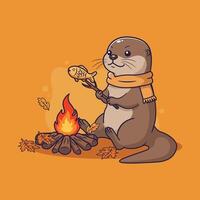 Cute Otter roasting fish over campfire in autumn, wearing a scarf. illustration vector