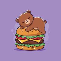 cute bear sleeping on a burger. illustration vector