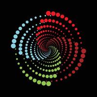 A mesmerizing spiral vortex composed of colorful gradient dots in red blue green and aqua on a black background The abstract circular pattern creates a sense of depth and motion often used vector