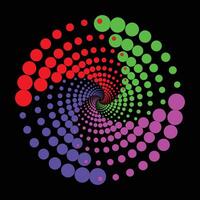 A vibrant and colorful spiral vortex pattern made of concentric circles in red, green, pink, and purple hues on a black background, creating a hypnotic optical illusion effect. vector