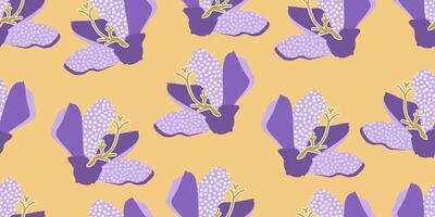 Trendy exotic hand drawn violet flowers seamless pattern. Floral background for textile, wallpaper, banner, covers, surface, printing and home decor. vector