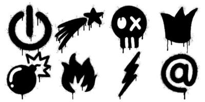 set of black graffiti style icons created with spray paint on a white background. collection includes symbols such as power button, shooting star, skull, crown, bomb, fire, lightning, and email symbol vector