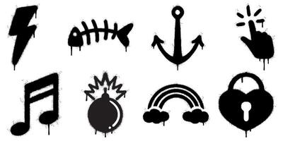 Graffiti Spray Icons Set. Urban Street Art Symbols Collection. Includes a lightning bolt, fishbone, anchor, hand click, music note, bomb, rainbow, and heart shaped padlock. vector