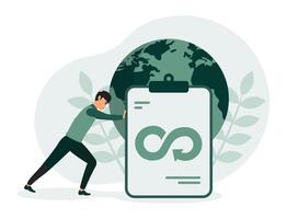ESG, green energy and industry concept. A man pushes a clipboard in front of the earth. vector
