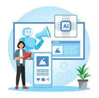 Human and robot with AI technology vector