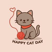 Gray cat playing with a red yarn ball wearing a cute scarf. Happy Cat Day Cartoon Illustration. vector