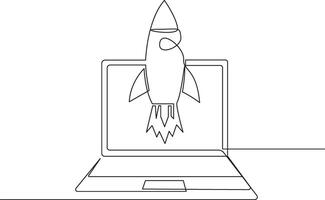 Continuous one line icon rocket launching from a laptop screen. Ideal for startup concepts, app launches, innovation, tech growth, digital marketing, and web development visuals. Illustration vector