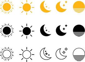 Sun and Moon Icon Set, Day and Night Symbols in Black and Yellow, Minimal Line and Solid Style for Web, App, and Illustration. vector