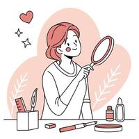 Woman looking at mirror with makeup products vector