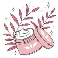 A jar of cream and leaves on a white background vector