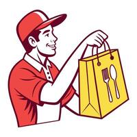 A man holding a shopping bag with a fork and spoon vector