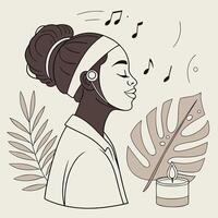 A woman with headphones and a candle is listening to music vector