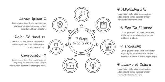 Doodle circle diagram with seven elements with place for icons and text, hand drawn infographic template vector
