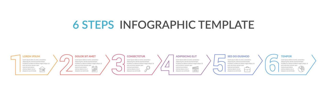 Six line numbers with arrows and place for your text, six steps - infographic template