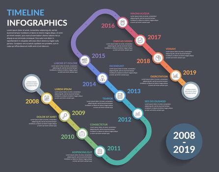 Timeline with icons, 12 elements, infographic template for web, business, presentations, dark background vector