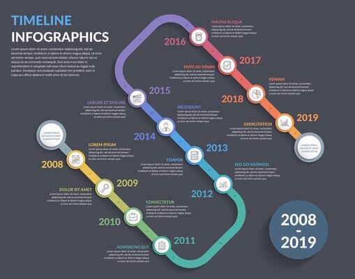 Timeline with icons, 12 elements, infographic template for web, business, presentations, dark background
