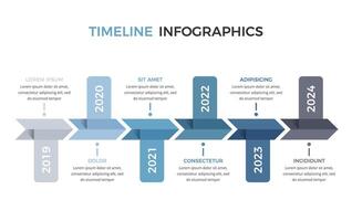 Horizontal timeline infographic template with six arrows with place dates and text vector