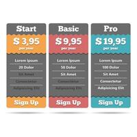 Pricing table template for web with 3 elements vector