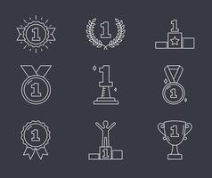 Line icons with number one, champion, winner, leader, success icons. dark background vector