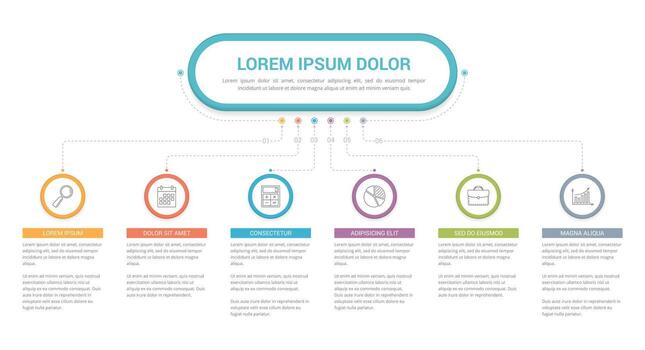 Infographic template with main title and 6 steps or options, workflow, process chart vector